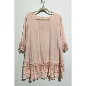 Indigo Soul Top Womens XL Pink Gauzy Ruffle Lace Fringe Cottagecore Romantic
